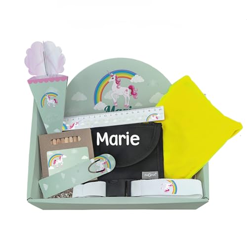 Striefchen® Geschenkset zur Einschulung personalisiert mit Name – 8-teilig – Mini-Schultüte, Warnweste, Brustbeutel, Schlüsselband u.v.m. – Geschenk für Mädchen zum Schulanfang mit Einhorn-Motiv von Striefchen