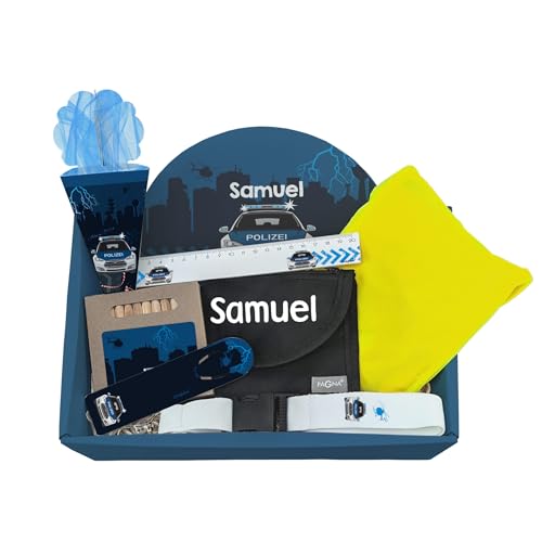 Striefchen® Personalisiertes Geschenkset zur Einschulung mit Polizei Motiv – 8-teilig – Geschenkkorb & Brustbeutel mit Name – Einschulungsgeschenk für kleine Polizei Fans von Striefchen