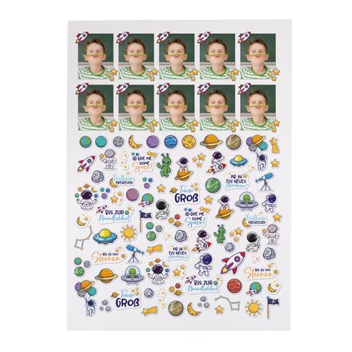 Striefchen® Stickerbogen für Kinder mit ca. 80 Aufklebern inkl. 10 personalisierten Fotostickern – Motive für Jungen & Mädchen – Aufkleber für Freundebuch, Schule & Kindergarten (Weltraum) von Striefchen