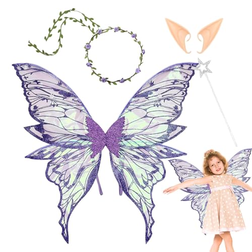 Stronrive Feenflügel Verkleidung, Schmetterlings-Engelsflügel Mit Blumenkranz Ohren, Kostüm Für Cosplay Bühne Hochzeit Fest Aufführung Prinzessin Rollenspiel Und von Stronrive
