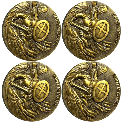 Saint Michael Guardian Challenge Coin Antique Gold Christian Lucky Coin with Psalm 91:10-11 Bible Verses Gift (Pack of 4) von Strugglejewelry