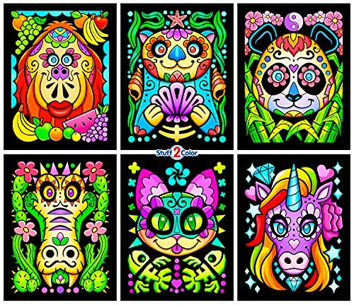 Stuff2Color Amazing Animals – flauschiges Samt-Poster zum Ausmalen, 6 Stück – (ideal für Kinder, Erwachsene, Gruppenaktivitäten und Kinder) – inklusive Einhorn, Panda, Katze, Otter, Gorilla und Gator von Stuff2Color