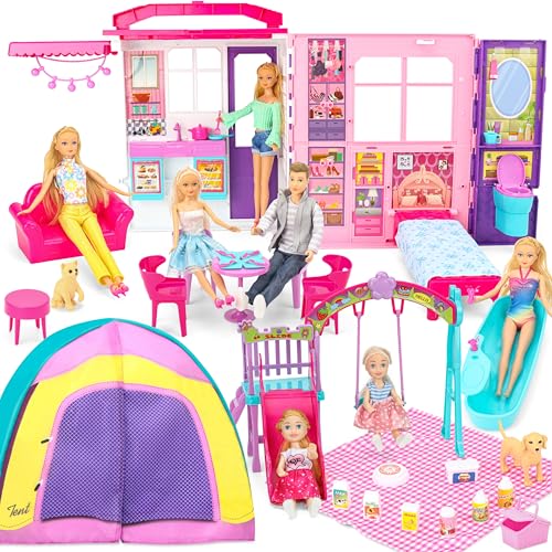 Style Shine Tragbares und faltbares Puppenhaus mit 60+ Teilen und 2 Puppen, Spielhaus, Spielzeug mit Schlafzimmer, Küchenmöbel, Camping-Spielset, Spielhaus, Geburtstagsgeschenk für Mädchen, Kinder Style Shine Tragbares und faltbares Puppenhaus mit 60+ Teilen und 2 Puppen, Spielhaus, Spielzeug mit Schlafzimmer, Küchenmöbel, Camping-Spielset, Spielhaus, Geburtstagsgeschenk für Mädchen, Kinder von Style Shine