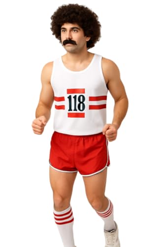 118 Faschingskostüm für Erwachsene - Retro Marathon Race Outfit mit Afro Perücke, Weste, roten Shorts, Schiedsrichtersocken & Zubehör - Lustiges Junggesellenabschied oder Partyset von StyleWear