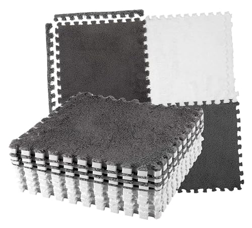 Stylebest 10pcs Plüschschaumbodenmatte Farbblockierung Gespaltener Gelenk Ineinandergreigender, Weicher Plüsch Teppich für Schlafzimmer (Grau weiß) von Stylebest