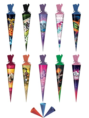 Stylex / TIB 10x Schultüte - Länge: 35cm / rund / 10 Verschiedene Motive/Zuckertüte + Gratis - Zugabe 3 Bunte Bonbonieren Tüten, Schultüten bunt zur Einschulung, 12 cm Stylex / TIB 10x Schultüte - Länge: 35cm / rund / 10 Verschiedene Motive/Zuckertüte + Gratis - Zugabe 3 Bunte Bonbonieren Tüten, Schultüten bunt zur Einschulung, 12 cm von Stylex / TIB