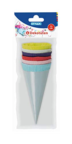 Stylex 47163 - Dekotüten, kleine Schultüten, 6 Stück farbig sortiert, jeweils 12 cm groß, ideal als Dekoration für den Schulanfang, zum Befüllen mit kleinen Süßigkeiten von Stylex
