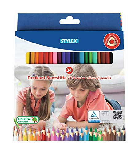 Stylex 26004 - Buntstifte für Kinder in ergonomischer Dreiecksform, 24 Stück in verschiedenen Farben, holzfrei lackiert, im Kartonetui von Stylex