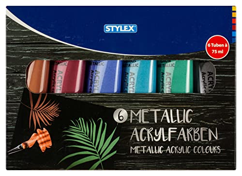 Stylex 28628 - Acryl-Farben im Set, 6 Metallic-Farben à 75 ml, matte Malfarben auf Wasserbasis zum Malen und Basteln, für viele Untergründe geeignet, hochpigmentiert und wasserfest von Stylex