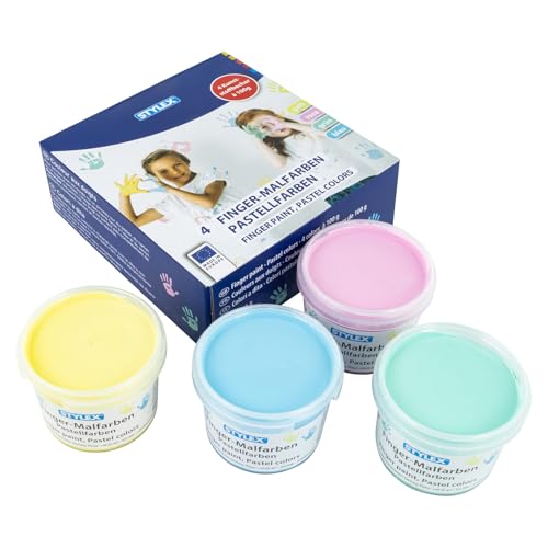 Stylex 28953 - Fingerfarben für Kinder, 4 x 100 ml in Gelb, Pink, Blau Grün, Fingerfarbe in Pastellfarben, leicht abwaschbar, für Kindergarten, Grundschule und Freizeit von Stylex