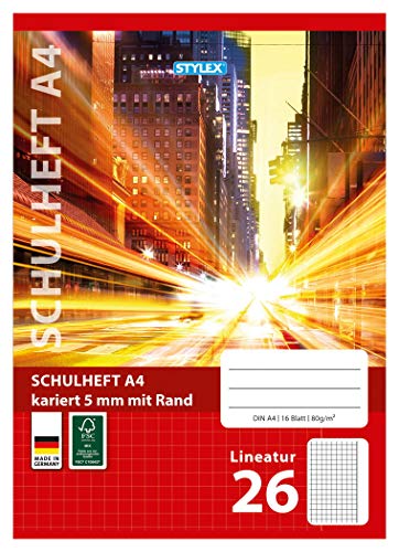 Stylex 29826-P25 - Schulheft, kariert, DIN A4, 16 Blatt mit 80 g/m² Grammatur, Außenrand, 25 Stück von Stylex