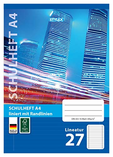 Stylex 29827-P25 - Schulheft, liniert, DIN A4, 16 Blatt mit 80 g/m² Grammatur, Außen- und Innenrand, 25 Stück von Stylex