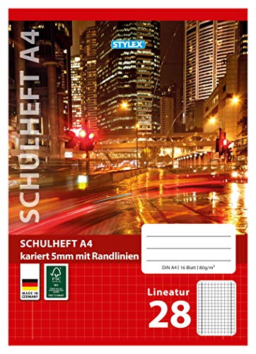 Stylex 29828-P25 - Schulheft, kariert, DIN A4, 16 Blatt mit 80 g/m² Grammatur, Außen- und Innenrand, 25 Stück von Stylex