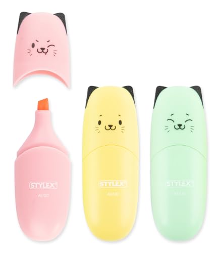 Stylex 31474-P10 - Mini Textmarker im Katzendesign, 20 Stück (10 x 2) in 3 Pastellfarben, Strichstärke 1-5 mm, Kappe mit Katzengesicht Bedruckt von Stylex