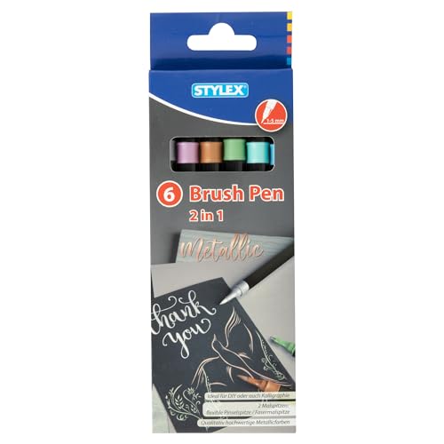 Stylex 32840 - Brush Pen 2 in 1, Filzstifte in 6 Metallic Farben mit flexibler Pinsel- und Fasermalspitze, Strichstärke 1-5 mm Stylex 32840 - Brush Pen 2 in 1, Filzstifte in 6 Metallic Farben mit flexibler Pinsel- und Fasermalspitze, Strichstärke 1-5 mm von Stylex