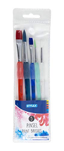 Stylex 35064 - Schulmalpinsel im 5 teiligen Set, 3 Rund- und 2 Flachpinsel mit farbigem, synthetischem Pinselhaar, Kunststoffstiel mit gummierter Griffzone von Stylex