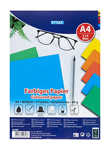Stylex 40818 - Farbiges Papier, DIN A4, 80 g/m², 40 Blatt in 5 intensiven Farben sortiert, geeignet für Inkjetdrucker, Laserdrucker, als Schreibpapier und zum Basteln Stylex 40818 - Farbiges Papier, DIN A4, 80 g/m², 40 Blatt in 5 intensiven Farben sortiert, geeignet für Inkjetdrucker, Laserdrucker, als Schreibpapier und zum Basteln von Stylex