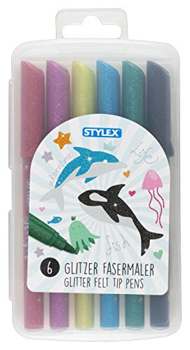 Stylex 64016 - Glitzer Fasermaler, Fasermalstifte für Kinder, 6 Farben in wiederverschließbarer Box, zum Malen, Basteln und Zeichnen von Stylex