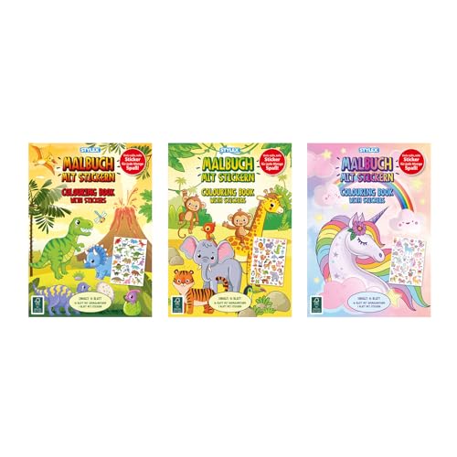 Stylex 77077-P6 - Sticker Malbücher DIN A4, 6 Stück in 3 Motiven mit je 14 Seiten + 1 Seite Sticker, weißes Papier 80 g/m², 14 Motive zum Ausmalen für Kinder von Stylex