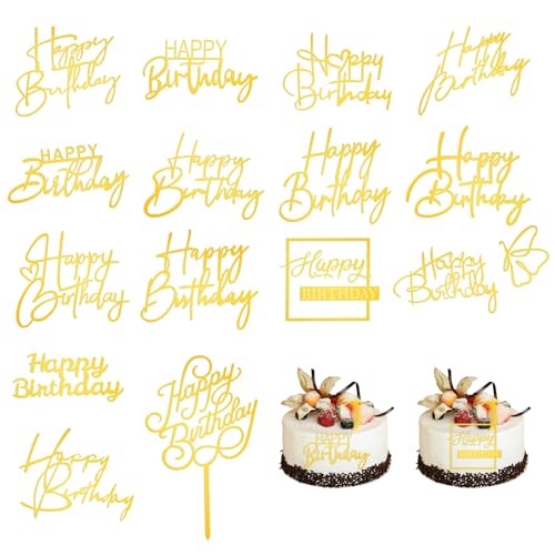 Happy Birthday Tortendeko, 15 Stück Gold Happy Birthday Cake Topper Acrylic Buchstaben für Torte Happy Birthday Torten Deko Buchstaben Kuchen Deko Cake Decoration für Birthday Queen Hochzeit Jubiläum von Styquenzer