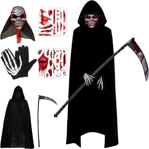Suaflny Sensenmann Kostüm Halloween, Halloween Umhang Set mit Maske Handschuhe und Plastiksense, Unisex Cape 140 cm für Halloween Party Dekoration Cosplay (Set C) von Suaflny