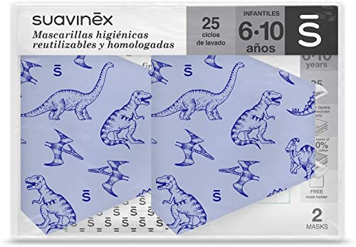 Suavinex Wiederverwendbare Hygiene-Masken für Kinder, zertifiziert und genehmigt, 6-10 Jahre, 3 Schichten, 25 Waschzyklen, hergestellt in Spanien, 2 Stück, hellblau - 29 g von SUAVINEX