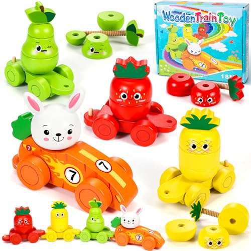 Subtail Montessori Sorting Obst- und Tier-Autospielzeug, Sortieren und Stapeln für Babys und Kleinkinde 2 3 4 5 6 mit Kaninchen, Karotte, Erdbeere, Ananas, Birne und Vehikel von Subtail