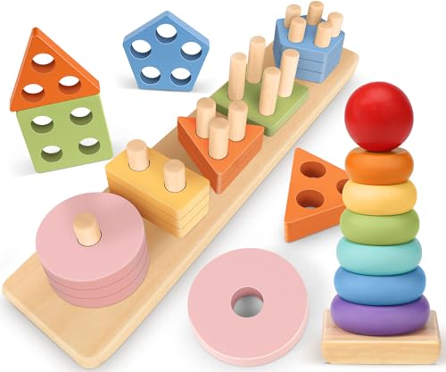 Subtail Montessori Spielzeug ab 1 Jahr - Holzspielzeug Motorikspielzeug Baby 6 9 Monate - Holz Stapelturm Baby ab 1 Jahr - Steckspiel und Stapelspiel Kinderspielzeug - Geschenk 1 Jahr Junge Mädchen von Subtail