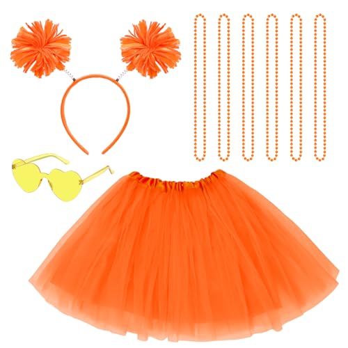 Sucrain Tutu-Kostüm-Zubehör-Set, Spirit Day Pom Pom Stirnband Halsketten Herz Sonnenbrille Tutu Wear für Frauen Party (Orange) von Sucrain