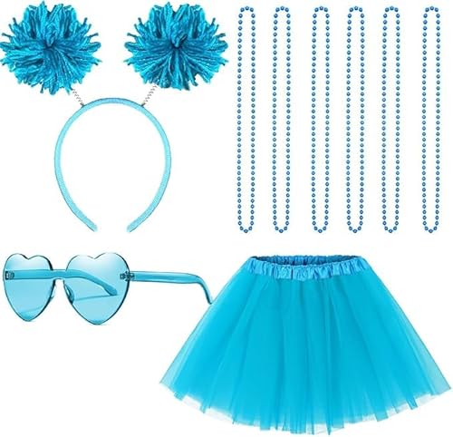 Sucrain Tutu-Kostüm-Zubehör-Set, Spirit Day Pom Pom Stirnband Halsketten Herz Sonnenbrille Tutu Wear für Frauen Party (Türkis) von Sucrain
