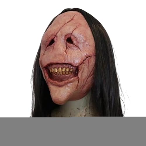 Sucritude Dämon Maske Unheimlich | Realistische Grusel Gesichtsmaske | Atmungsaktive Fest Kopfbedeckung Mit Langen Haaren Und Zähnen Für Halloween Horrorfilme Gruselhäuser Kostümzubehör von Sucritude