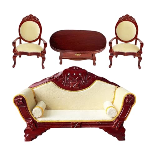 Realistisch 1:12 Dollhouses Wohnzimmer Möbel Set Holzsofa Sessel Und Couchtisch Display Miniatur Holzsofa Set von SueaLe