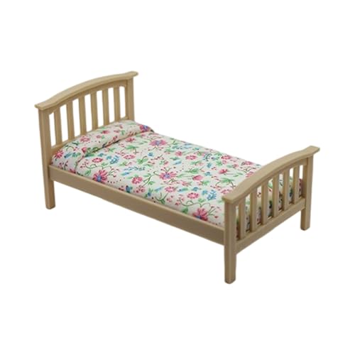 SueaLe 1/12 Puppenhaus Einzelbett Mit Blumendruck Bettwäsche Hölzernen Minaturen Bett Schlafzimmer Szene Display Accessoires Möbel Sammlerpuppen Haus von SueaLe