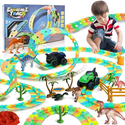 Suebah Rennbahn 324 Stück Autobahn Kinder 6 Jahre Dinosaurier Autorennbahn Rennstrecke Auto Spielzeug Geschenk Autobahn Kinder Spiele Cars Kinder Spielzeug ab 3 4 5 6 7 8 Jahre Jungen Mädchen von Suebah