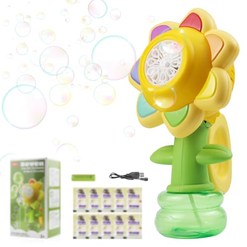 Suevut Seifenblasenmaschine Kinder Blume, Wiederaufladbare Sonnenblumen Seifenblasenmaschine mit 3 Modi (Licht, Tanz, Blasen), für Geburtstag Party Indoor Outdoor Spielzeug von Suevut