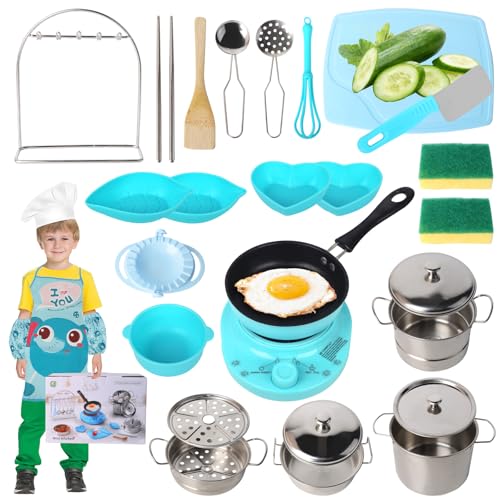 Kinderküche Zubehör, Echtes Kochküchenzubehör für 6–12 Jahre, 28-teiliges Kinderkochset mit Induktionsherd, Wok, Knödelkocher, Hohem Topf, Messer und Suppentopf, Blau Kinderküche Zubehör, Echtes Kochküchenzubehör für 6–12 Jahre, 28-teiliges Kinderkochset mit Induktionsherd, Wok, Knödelkocher, Hohem Topf, Messer und Suppentopf, Blau von Suewidfay