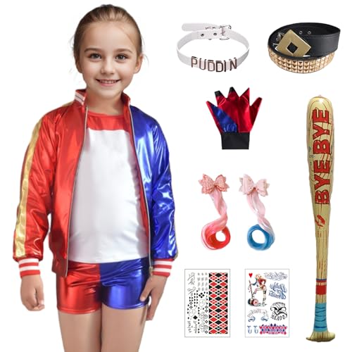 Rollenspiel Kostüm Quinn Halloween Kostüm Damen Kinder Rollenspiel Kostüm Set inklusive Handschuhe Jacke T-Shirt Shorts Halskette Karneval Halloween Rollenspiel, Schwarz , 140 cm Rollenspiel Kostüm Quinn Halloween Kostüm Damen Kinder Rollenspiel Kostüm Set inklusive Handschuhe Jacke T-Shirt Shorts Halskette Karneval Halloween Rollenspiel, Schwarz , 140 cm von Suffolly
