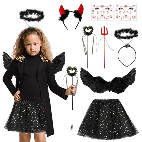 Engelsflügel Kostüm Kingder 8 Pcs Engelsflügel Schwarz Engel Flügel für Damen und Mädchen Halloween Kostüm Damen Karneval von Suffolly