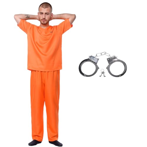 Sträfling Kostüm Unisex Orange Häftling Kostüm Sträfling Outfit Overall,Häftlingskostüm Gefängnis Outfit für Halloween Cosplay mit Handschellen,S von Suffolly