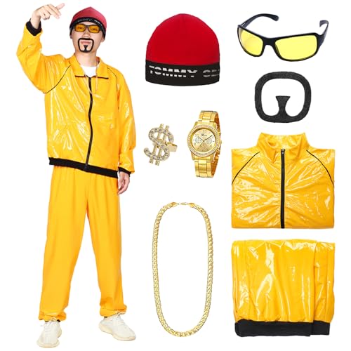 Suffolly 90er Jahre Kostüm Herren Damen Cool Shell Anzug 80er 90er Outifit mit 5pcs Zubehör 80er Jahre Verkleidung Herren für Halloween Rapper Hip Hop Disco Verkleidung Party (Gelb-1, XXL) von Suffolly