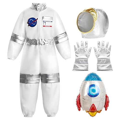 Suffolly Astronaut Kostüm für Kinder, Jungen, mit Overall und Hut, Handschuhe, Luftballons, Raketen, fantasievolles Spieloutfit für Karneval, Halloween, Kindertag (S) von Suffolly