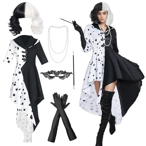 Suffolly Deville-Kostüm für Erwachsene, Weltbuchtag, 6-teiliges Teufelskostüm-Set mit schwarz-weißer Perücke, Kleid, Halskette, Armband, Stange, Handschuhe, Schal, Kostüme für den Welttag des Buches Suffolly Deville-Kostüm für Erwachsene, Weltbuchtag, 6-teiliges Teufelskostüm-Set mit schwarz-weißer Perücke, Kleid, Halskette, Armband, Stange, Handschuhe, Schal, Kostüme für den Welttag des Buches von Suffolly