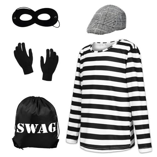 Suffolly Einbrecher-Kostüm für Jungen, Räuber-Kostüm, 6-teiliges Set, mit Tasche, Räubermaske, Einbrecher-Kostüm, Kinder-Dieb-Kostüm, Weltbuchtagskostüme für Jungen Suffolly Einbrecher-Kostüm für Jungen, Räuber-Kostüm, 6-teiliges Set, mit Tasche, Räubermaske, Einbrecher-Kostüm, Kinder-Dieb-Kostüm, Weltbuchtagskostüme für Jungen von Suffolly