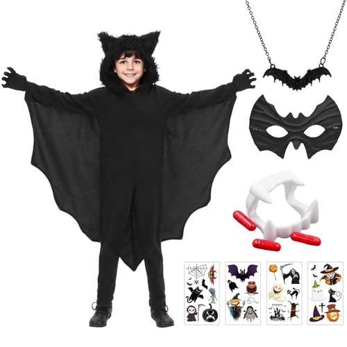 Fledermaus Kostüm Halloween für Kinder Fledermausflügel Kinder 6Pcs Set Schwarz Fledermaus Fledermaus Umhang Schwarz Fledermaus Overall Halloween Fledermauskostüm für Halloween Cosplay Party,S von Suffolly
