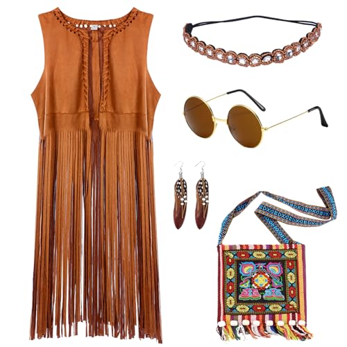Suffolly Hippie-Kostüm für Damen, 70er-Jahre-Kostüm, Damen, Weste mit Fransen, ärmellos, Jahre, Hippie-Kostüme, Set Outfit, 70er-Jahre, 80er-Jahre, für Karneval, Maskerade, Festival-Outfit (M) von Suffolly