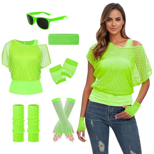 Suffolly Neon-Kleidungskostüm, 80er-Jahre-Kostüm, Fischnetz, schulterfrei, T-Shirt, Brille, Haarbänder, Beinstulpen, Handschuhe, 1980er-Jahre-Kostüm, Damen, 80er-Jahre-Stil, Disco-Outfit (Anzug B, 2XL Suffolly Neon-Kleidungskostüm, 80er-Jahre-Kostüm, Fischnetz, schulterfrei, T-Shirt, Brille, Haarbänder, Beinstulpen, Handschuhe, 1980er-Jahre-Kostüm, Damen, 80er-Jahre-Stil, Disco-Outfit (Anzug B, 2XL von Suffolly