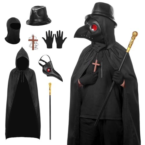 Suffolly Pestarzt Kostüm Set, Halloween Maske Lange Nase Schnabel Maske Schwarz mit schwarzem Kapuzenumhang (Erwachsene) von Suffolly
