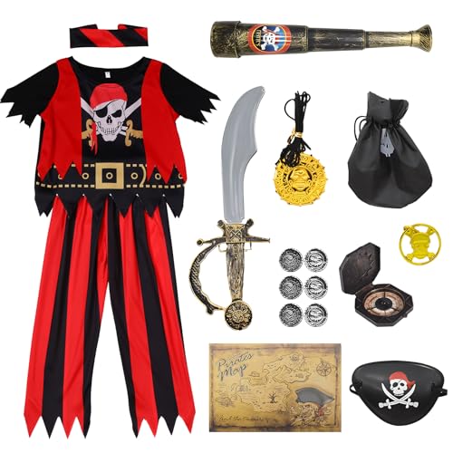 Suffolly Halloween Piraten Kostüm Piratenkostüm Kinder 17pcs Pirate Costume Kids Pirate Outfit mit Piraten Zubehör Set,XL von Suffolly