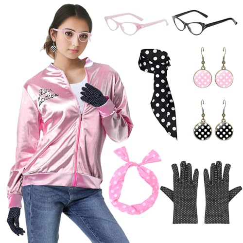Suffolly Rosa Damenjacke 50er Jahre Rosa Damen Fett Outfit mit Zubehör Ohrringe Brille Schal Stirnband 1950er Jahre Kostüm Set Verkleidung für Frauen Halloween Junggesellinnenabschied (Anzug A, XXL) von Suffolly