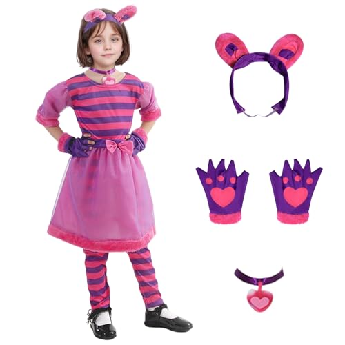 Suffolly Rosa und lila gestreifte Katzenkostüme für Kinder, Grinsekostüm, Mädchen mit Kleid, Hose, Herzkette, Katzenohren, Handschuhen, Weltbuchtagskostüme für Mädchen (Katze, 150) von Suffolly